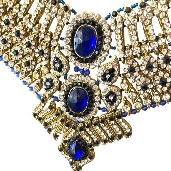 Gold & Blue Crystal Bib Necklace With Matching Chandelier Earrings Bridal - Picture 7 of 16
